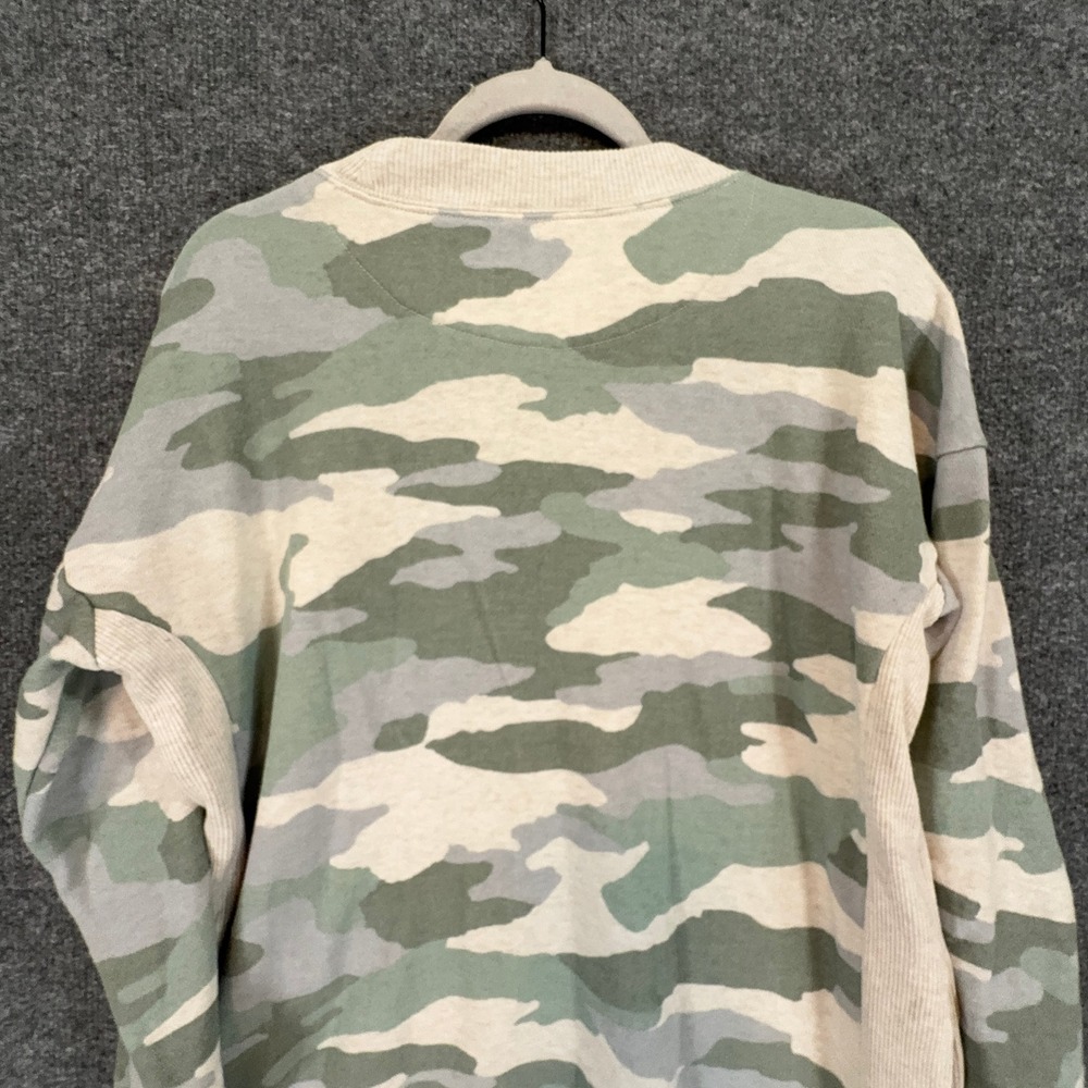 Aerie Sweatshirt Women Small Green Camo Crewneck Ribbed Side Slit Pullover - Picture 9 of 10